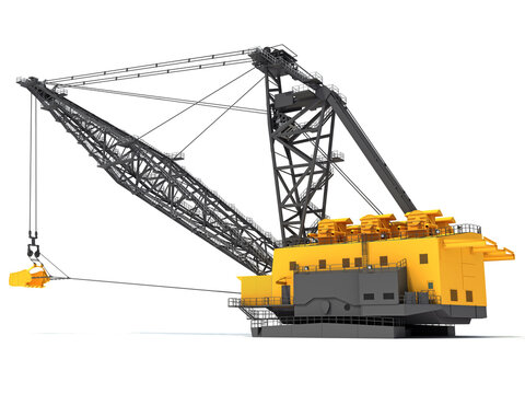 Dragline Excavator heavy construction machinery 3D rendering on white background