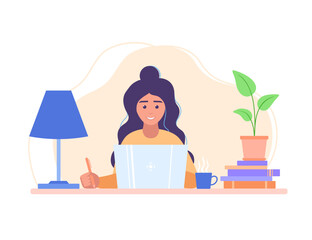 Woman working with laptop from home. Student female character. Vector illustration