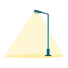 Blue streetlight lamp pole illumination yellow light at night time on white background flat icon vector design.