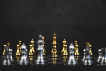 Chess stand front the line on chessboard concept of challenge or team player or business team and leadership strategy or strategic planning and human resources organization risk management.