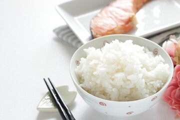 Japanese food, grilled salmon fillet served with rice
