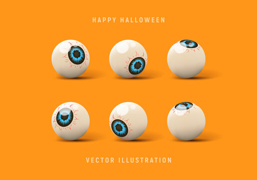 Set of 3d candy eyes for Halloween decoration. Vector 3d illustration with creepy eyes isolated on orange background.
