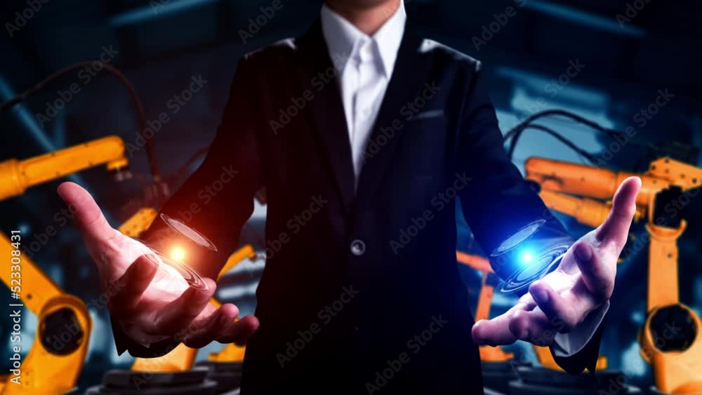 Poster engineer use cybernated robotic software to control industry robot arm in factory . automation manuf