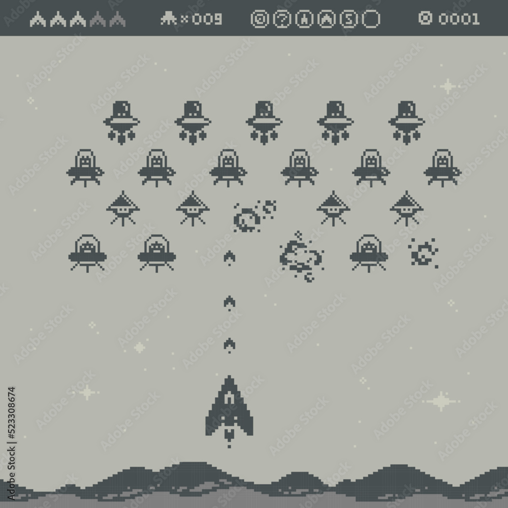 Poster 8-bit pixel game concept in pixel art style. Retro 8 bit computer game. Pixilated Space arcade. Vintage Game elements template vector illustration