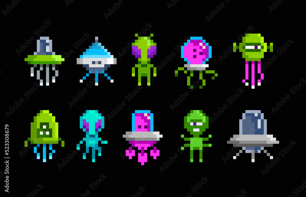 Aufkleber vector pixel art ufo aliens and space chips in retro 8-bit game style