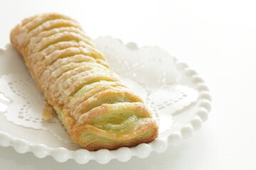 Green tea cream pie on dish with for sweet food image