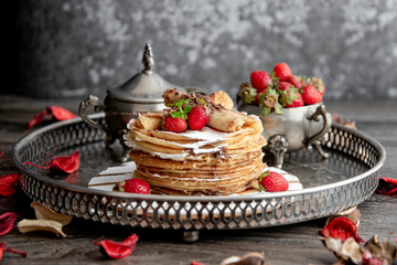 Pancakes, french pancakes, sugar, powdered sugar, chocolate, strawberries, summer, restaurant, hotel, tray, silver, romance, bar, bistro, birthday, happiness, children, indulgence, pleasure, taste