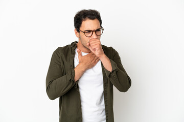 Caucasian handsome man over isolated white background coughing a lot