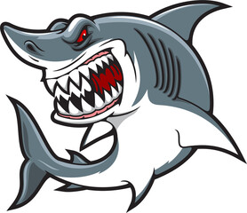 Naklejka premium Cartoon shark mascot of angry fish with smile