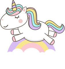 Cute Unicorn Cartoon Character vectors with pastel rainbow . Kawaii Filly Unicorn, Fairytale pony isolated on white background.