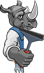 A rhino cartoon mascot car or window cleaner holding a squeegee tool peeking round a sign