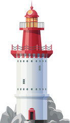 Vintage lighthouse building on rocky shore icon
