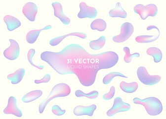 Liquid flow pastel purple, blue 3D neon lava lamp vector geometric set for banner, card or UI design. Gradient mesh bubble in the shape of a wave drop. 31 Fluid colorful abstract shapes collection