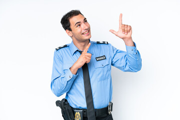 Young police caucasian man isolated on white background pointing with the index finger a great idea