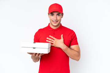 Pizza delivery caucasian man with work uniform picking up pizza boxes isolated on white background...