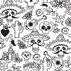 vector drawing in doodle style. seamless pattern day of the dead in mexico. cheerful painted skulls in a sombrero. El Dia de Muertos