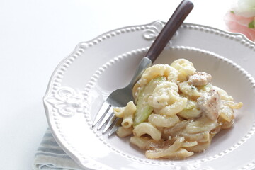 Macaroni and celery with seafood cheese salad with copy space