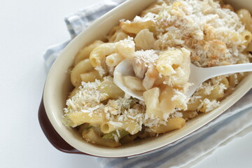 Homemade seafood and macaroni gratin with copy space