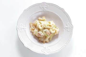 Macaroni and celery with seafood cheese salad with copy space