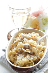 Homemade seafood and macaroni gratin with copy space