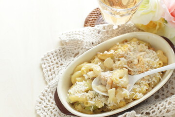 Homemade seafood and macaroni gratin with copy space