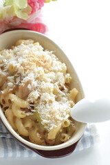 Homemade seafood and macaroni gratin with copy space