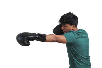 Young peruvian boxer throwing a left straight. Isolated over white background.