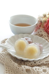 Japanese confectionery, crystal mochi sweet dessert on white dish