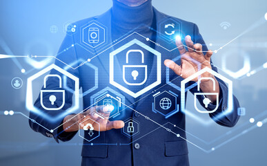 African businessman hands touch cybersecurity circuit and padlock with protection