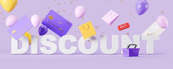 Discount letters and shopping basket with credit card and balloons