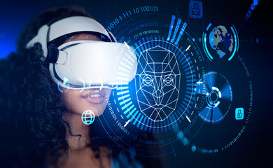 Businesswoman in vr headset watching at pie diagram with robot