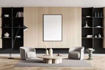 Living room interior with chair and decoration, shelf and mockup frame