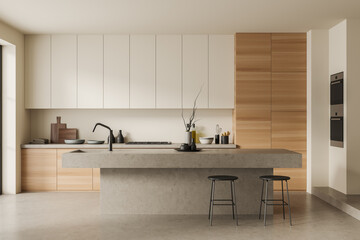 Front view on bright kitchen room interior with island, barstools