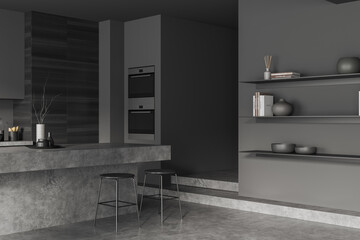 Corner view on dark kitchen room interior with island, barstools