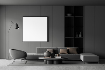 Grey relax room interior with couch and armchair, shelf and mockup frame