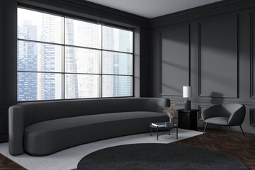 Grey relax room interior with chairs and couch, panoramic window