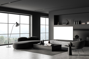 Fototapeta na wymiar Lounge room interior with seats and tv set, panoramic window. Mockup display