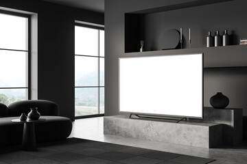 Grey living room interior with tv and sofa, shelf with window, mockup screen