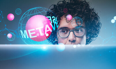 Businessman with laptop, earth spheres in cyberspace, metaverse