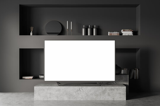 Grey Living Room Interior With Tv On A Stand, Shelf With Art Decoration, Mockup Screen
