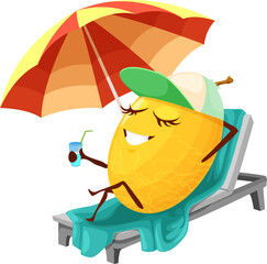 Cartoon melon fruit character on beach lounger - obrazy, fototapety, plakaty