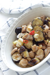 Chinese food, eggplant and chicken stir fried with leek