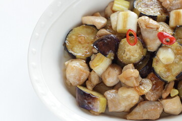 Chinese food, eggplant and chicken stir fried with leek