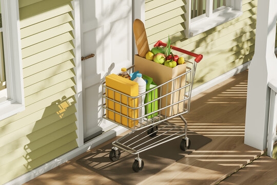Shopping cart and healthy products at the doorstep, supermarket