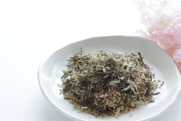 Japanese food, small sardine and dried seaweed with sesame seed for mixing rice cooking