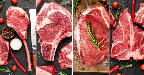 Photo collage .raw beef meat on stone background