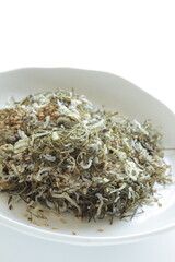 Japanese food, small sardine and dried seaweed with sesame seed for mixing rice cooking