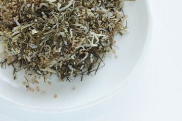 Japanese food, small sardine and dried seaweed with sesame seed for mixing rice cooking