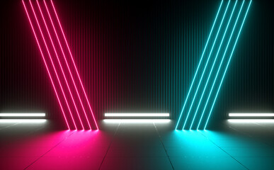 Modern Laser Neon Led Light Red Blue Line Sci Fi Futuristic Glowing On Concrete Tiles Dark Room Illustration 3d Rendering