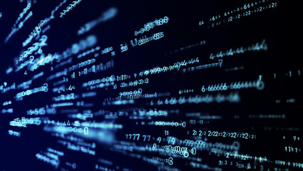 Technology binary code. Random falling digits on screen. Hacked software. Matrix sciense background. Big data analytics. 3D rendering.